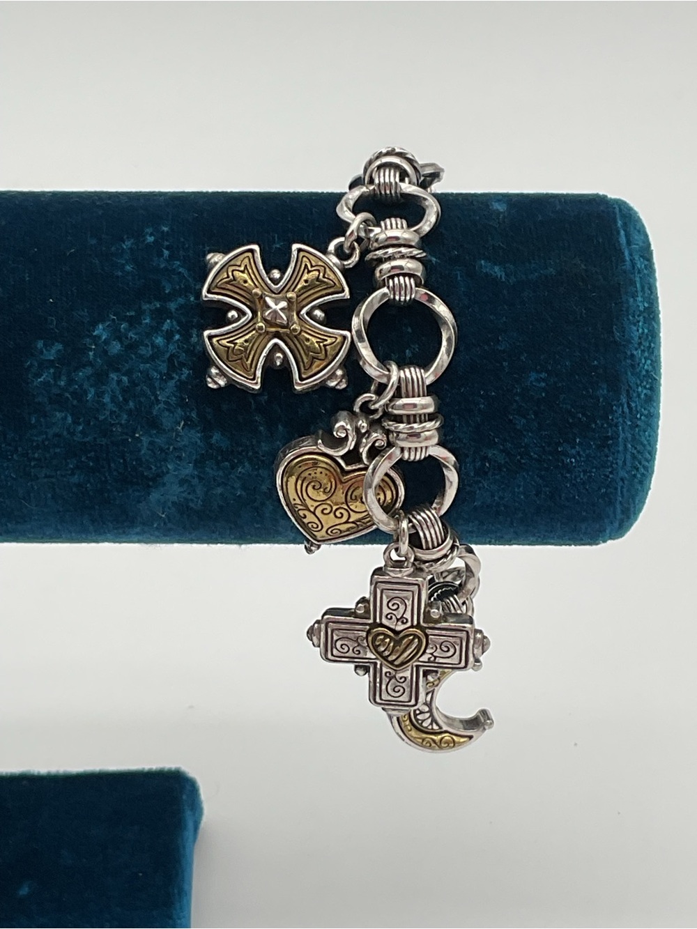 Vintage Brighton Cherish Two-Tone Heart and Cross Charm Bracelet